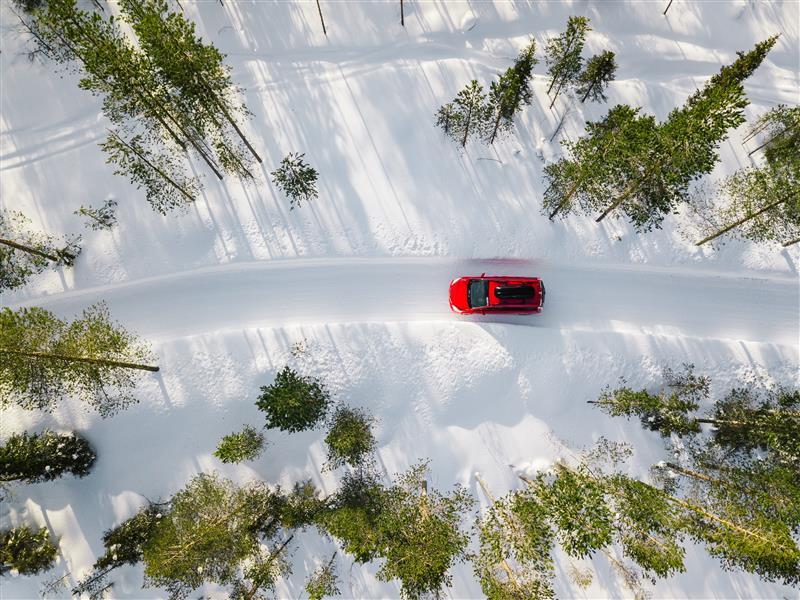 Red SUV driving through a snow covered forest.